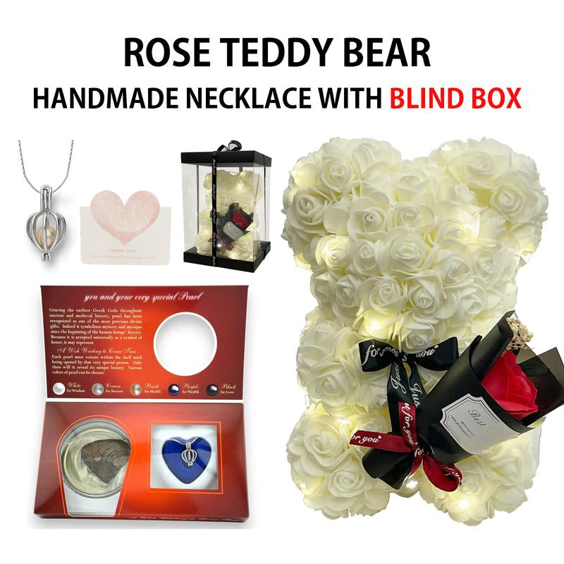 Romantic Valentines Day Gift for Her, Artificial Flowers Necklace Rose Teddy Bear with Real Pearl Blind Box Birthday Gift, Valentiness Day Gift for Monther Wify Girl